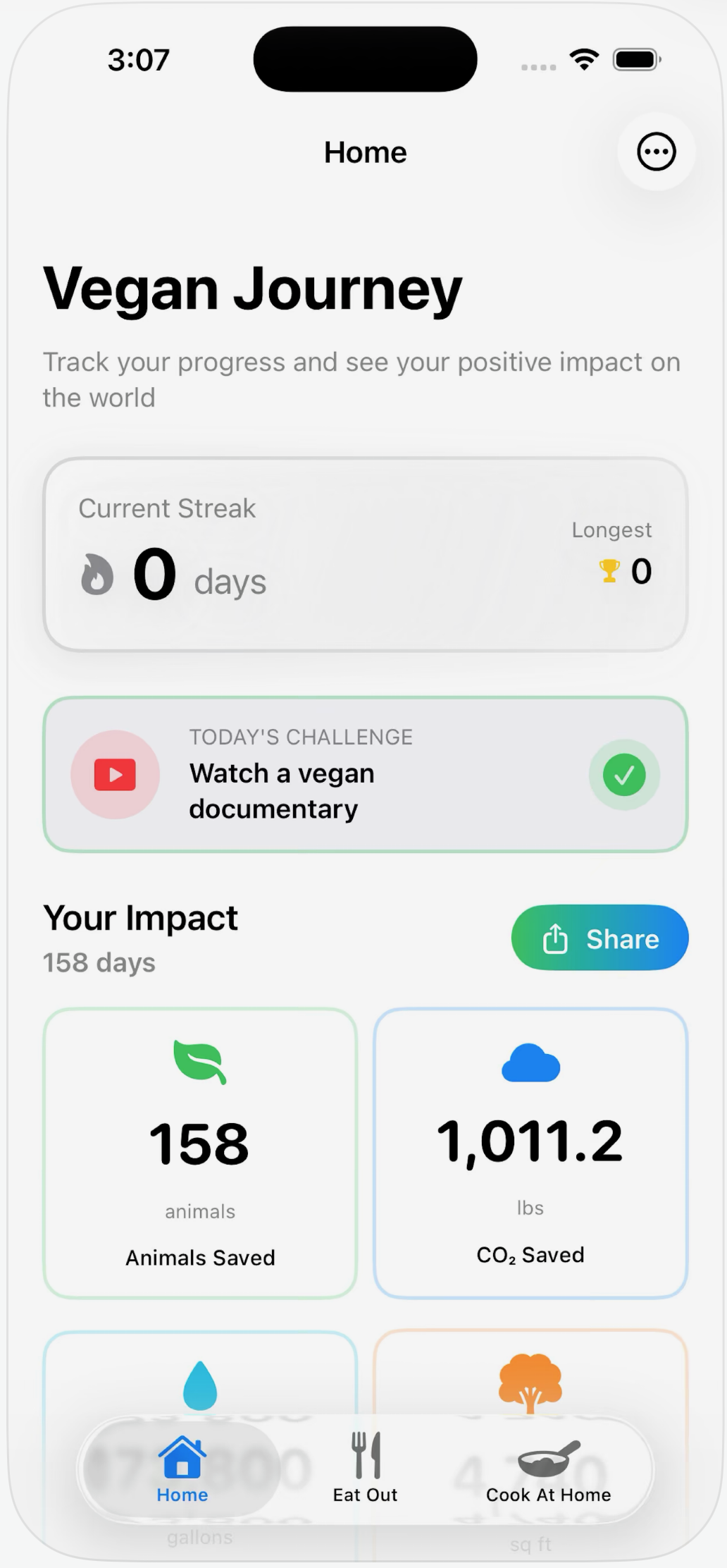 Vegan journey dashboard with streak and impact metrics