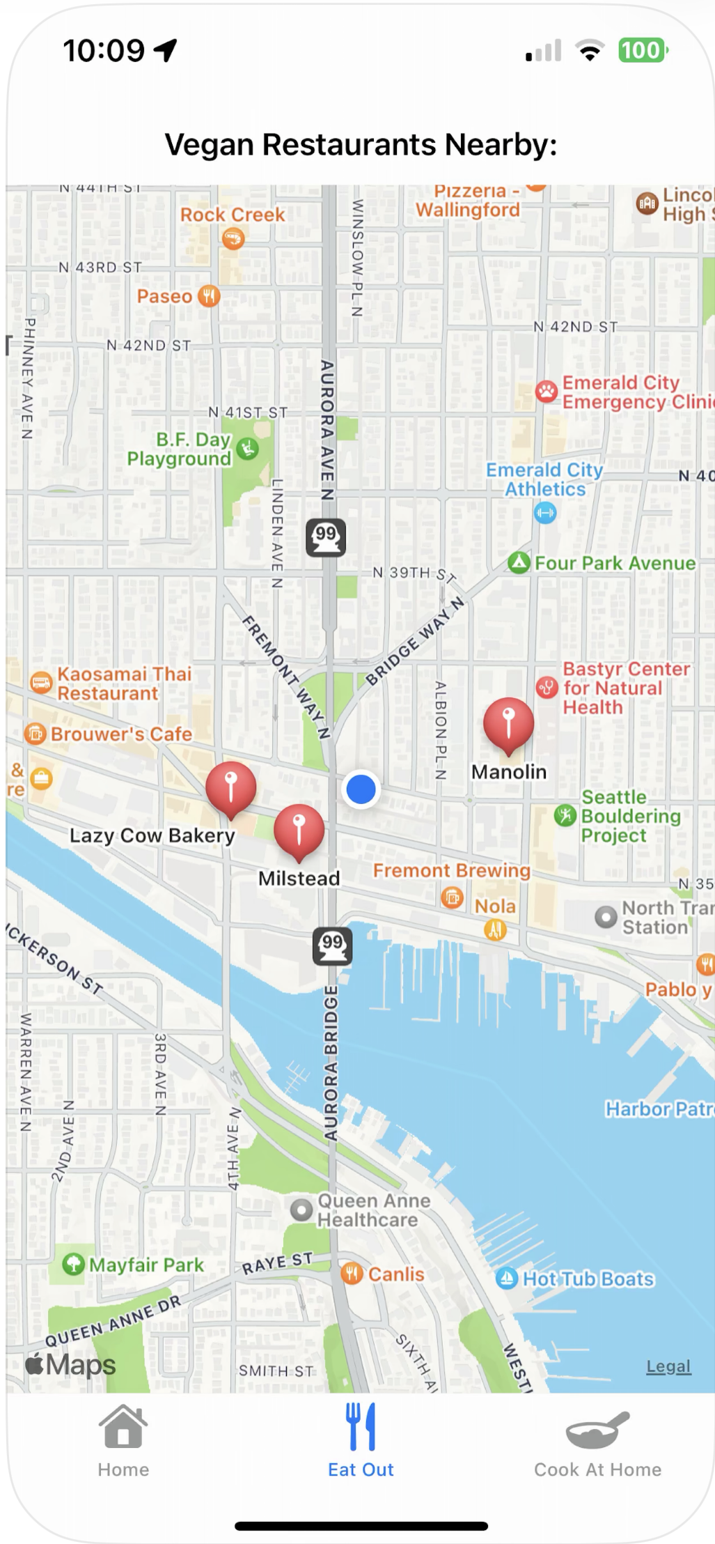 Map view of nearby vegan-friendly restaurants