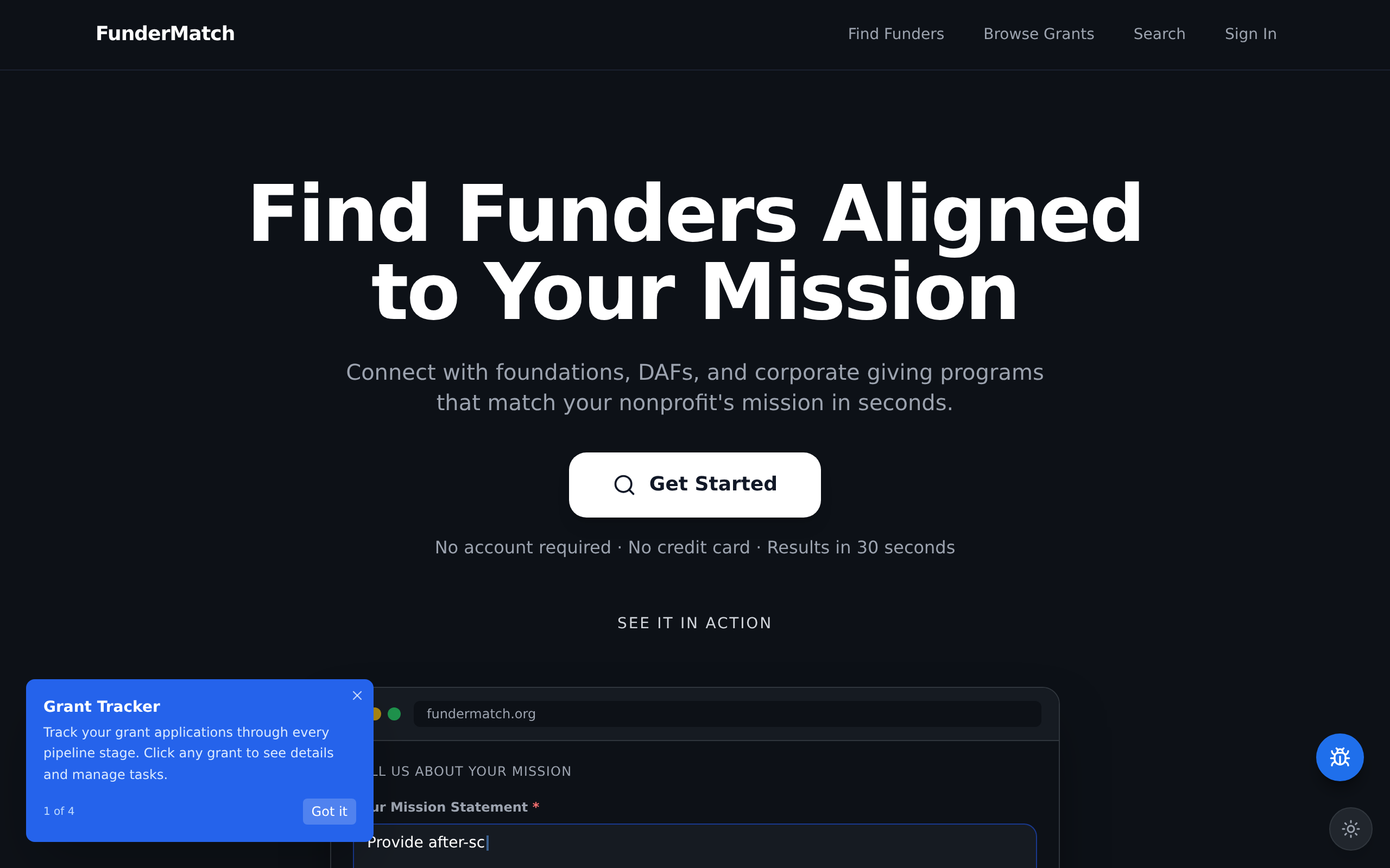 FunderMatch landing page screenshot