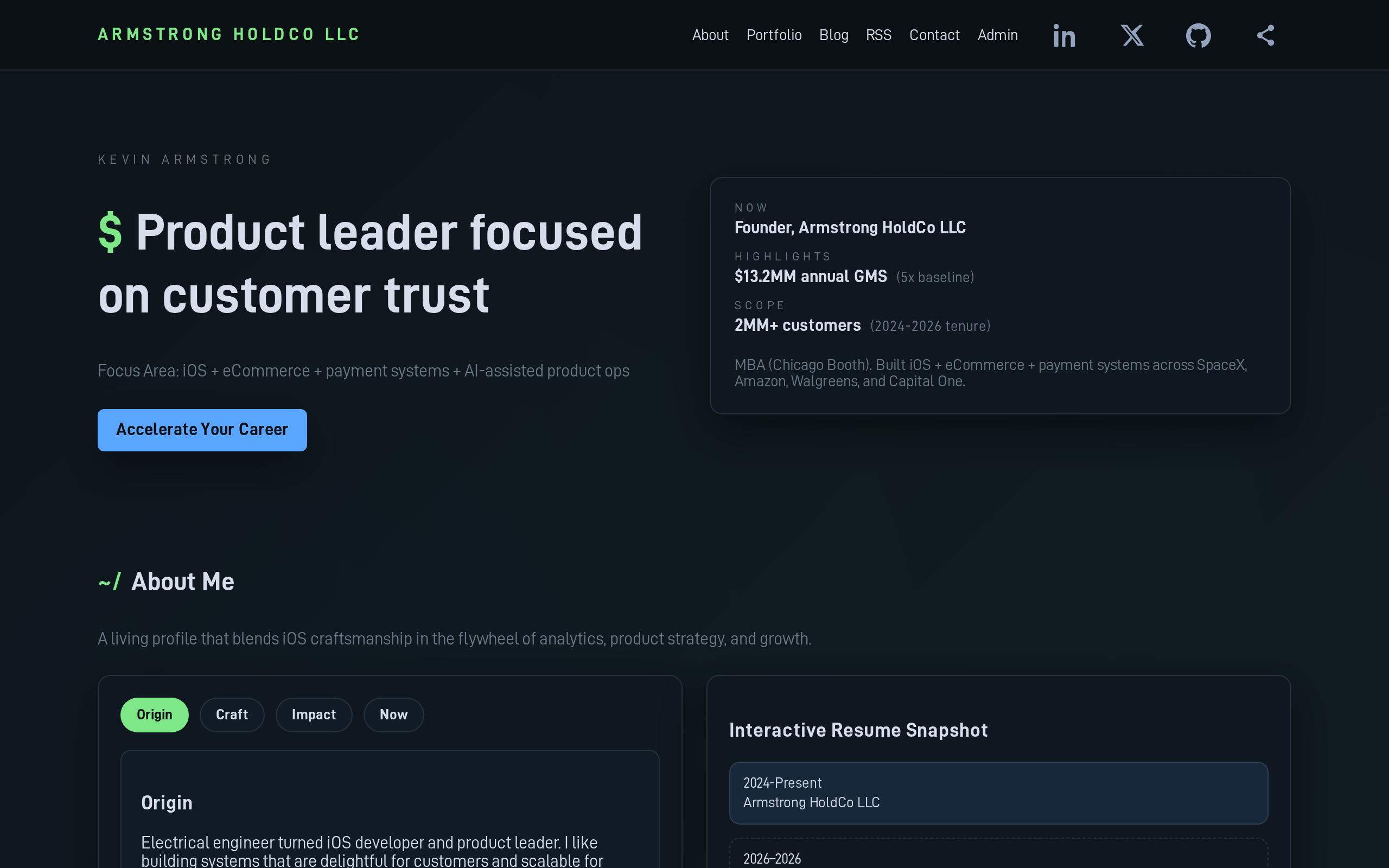 kevinarmstrong.io landing page screenshot